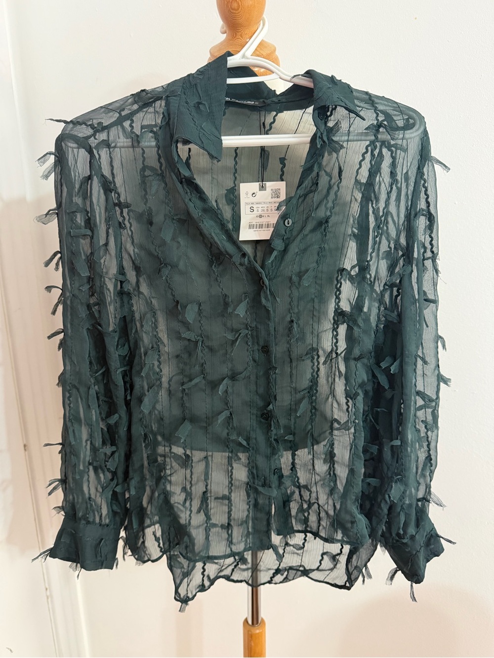 Zara Fringe Sheer Long-Sleeve Blouse - Dark Green